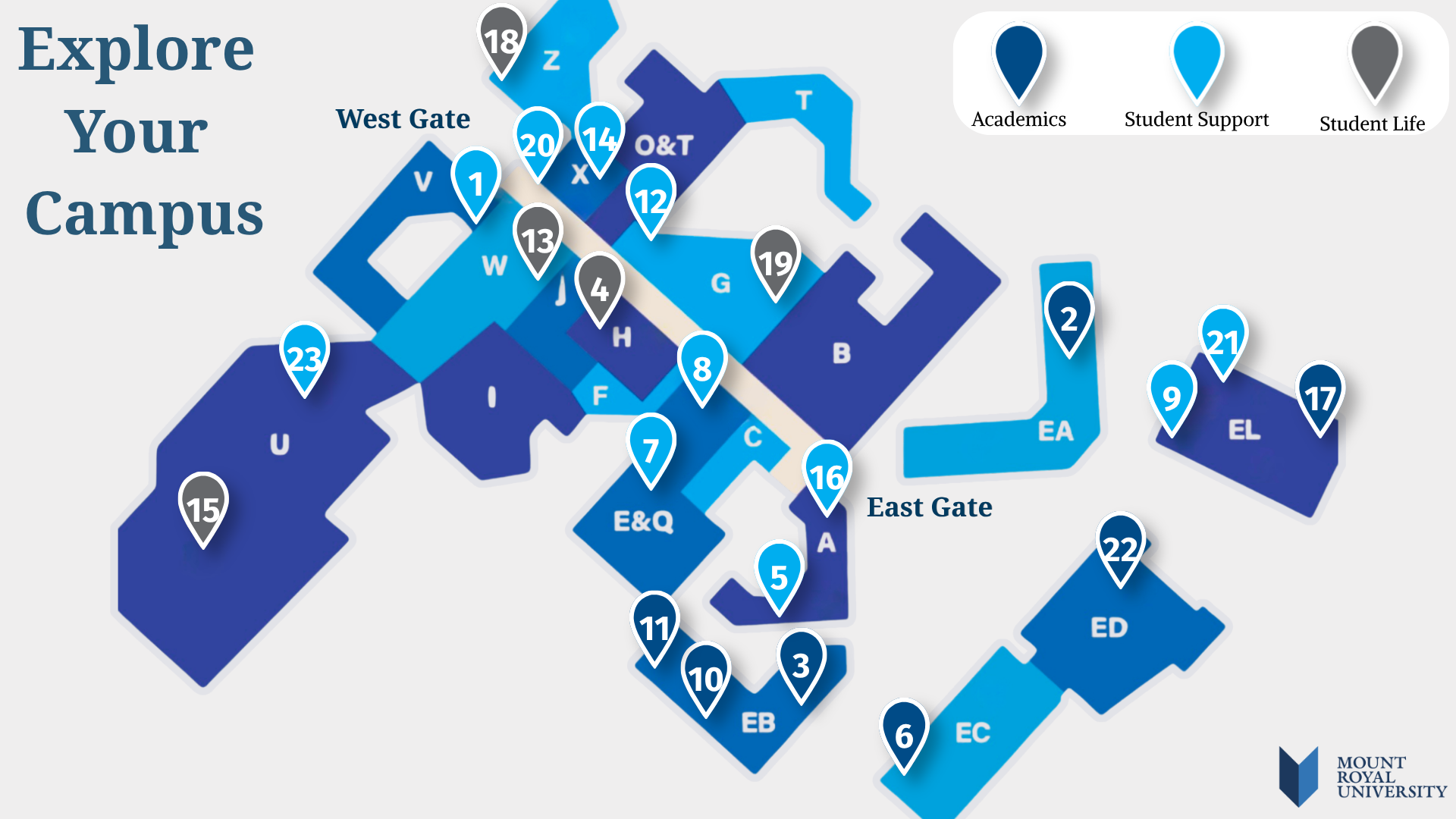 Explore Your Campus map showing 23 numbered MRU locations and a three-colour category legend